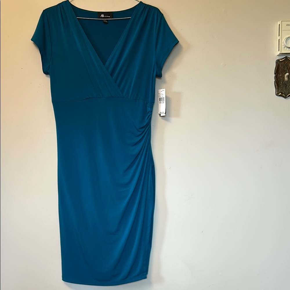 AB Studio polyester teal ruched wrap midi dress size medium new with tags